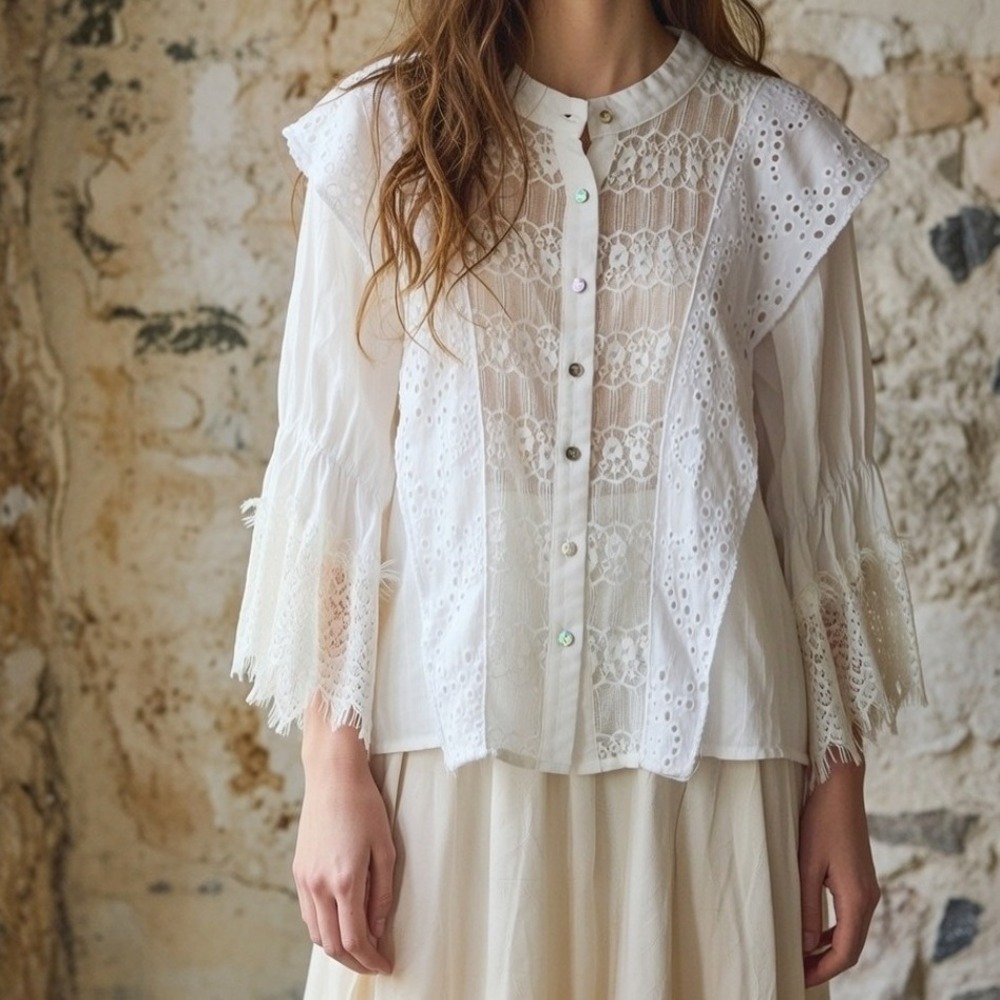 Pol White Eyelet Lace Button Down Collared Shirt … - image 1